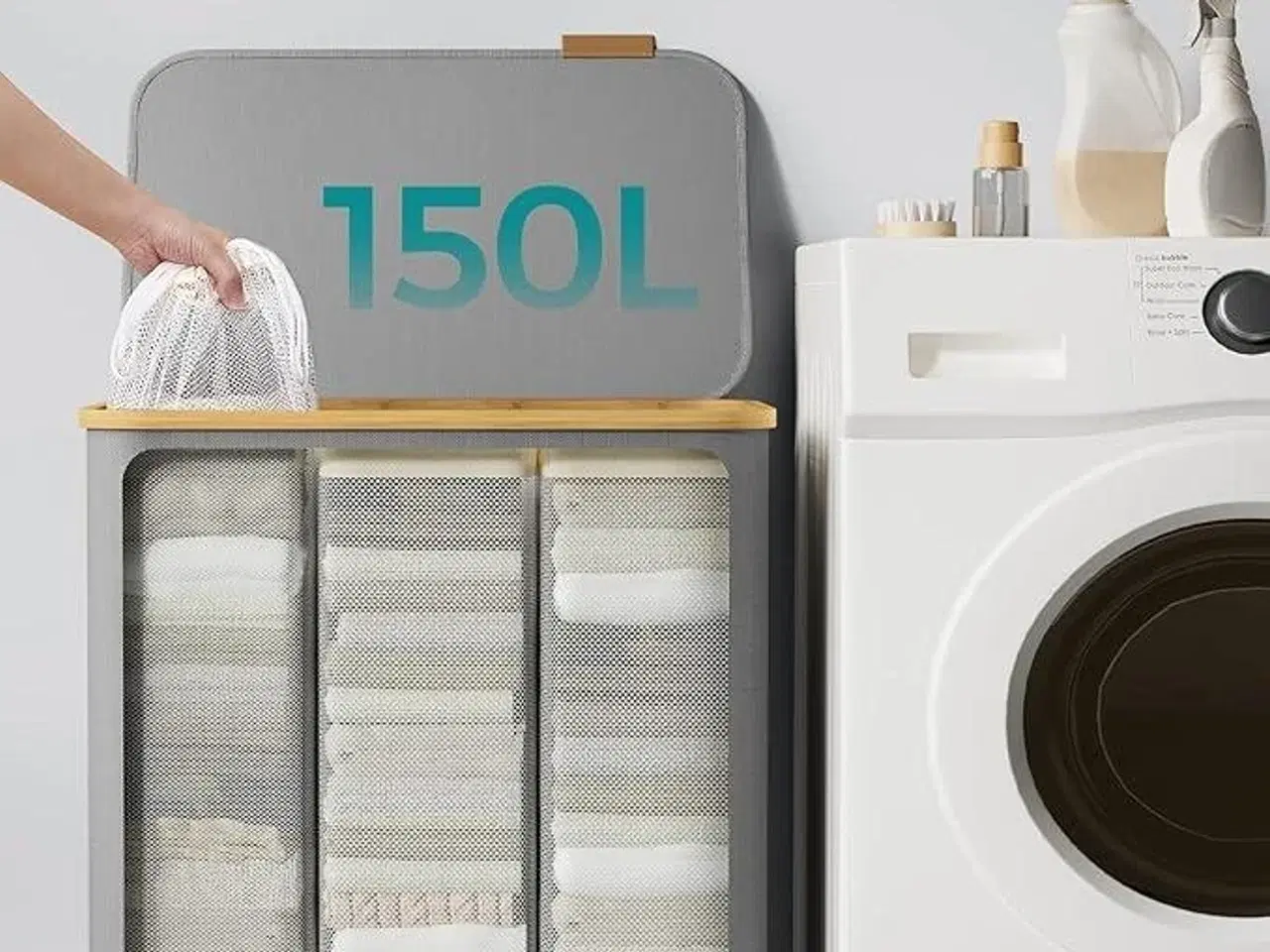 Billede 3 - Vasketøjskurv med låg 3 rum, 150 l, aftagelig netforing, Oxford-stof, bambushåndtag, sammenklappelig, 60 × 38,5 × 70,5 cm, duegrå