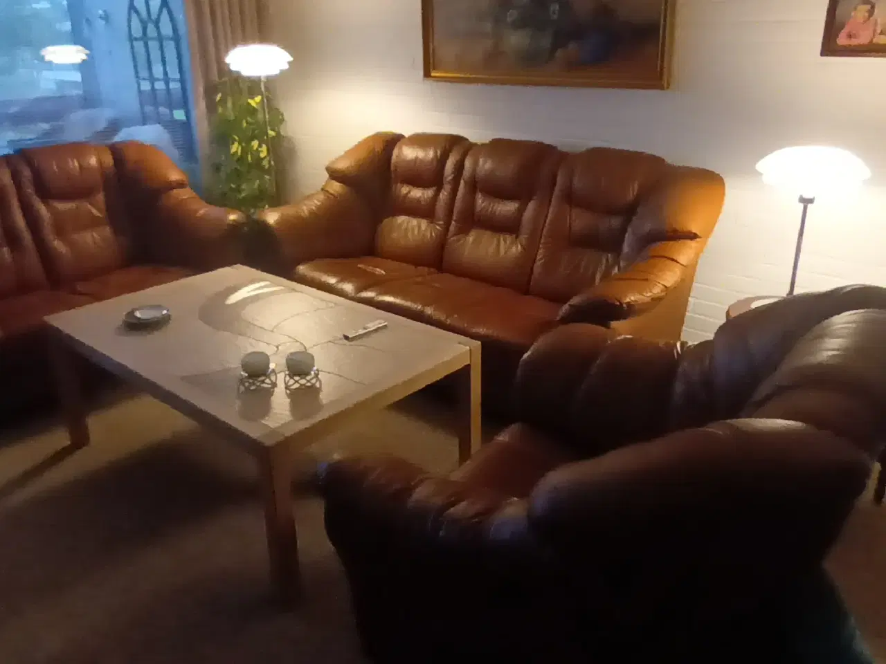 Billede 1 - 3-2-1 sofasæt i brun læder