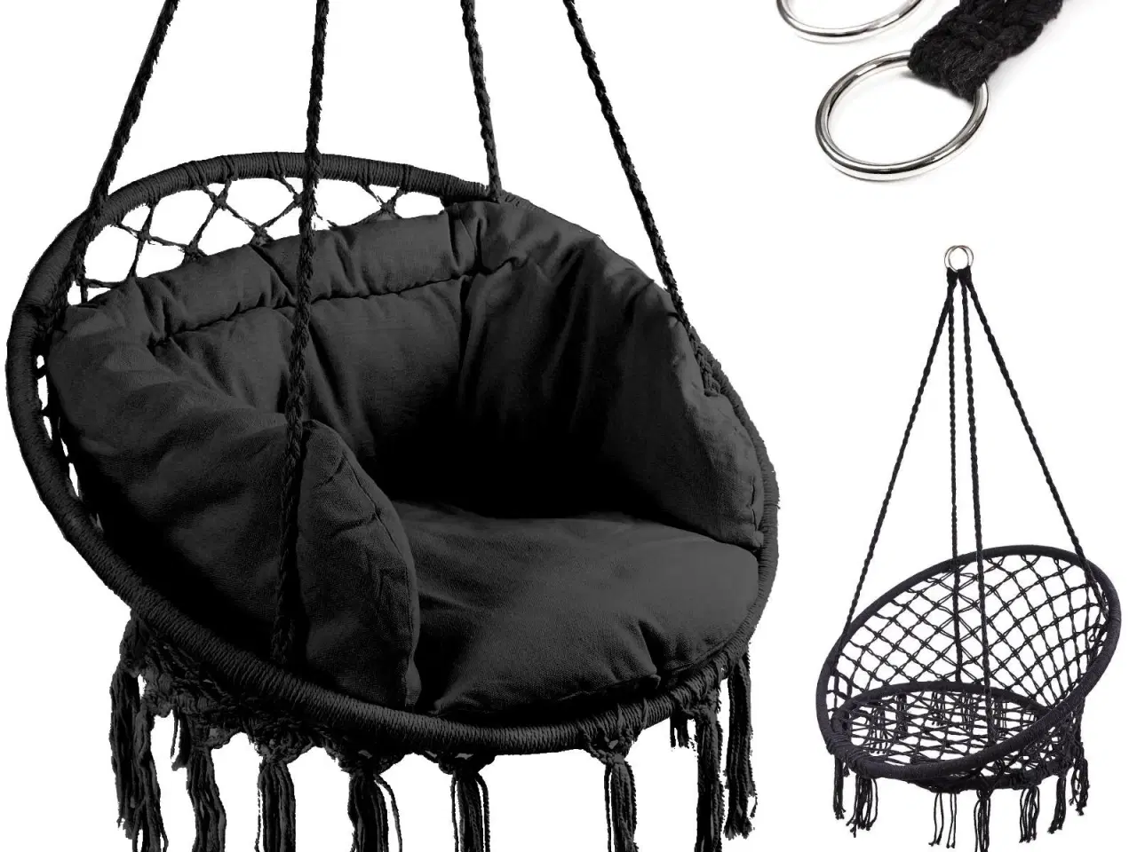 Billede 1 - Hængekøjestol storkerede med ryglæn 80 cm – sort inkl. puder