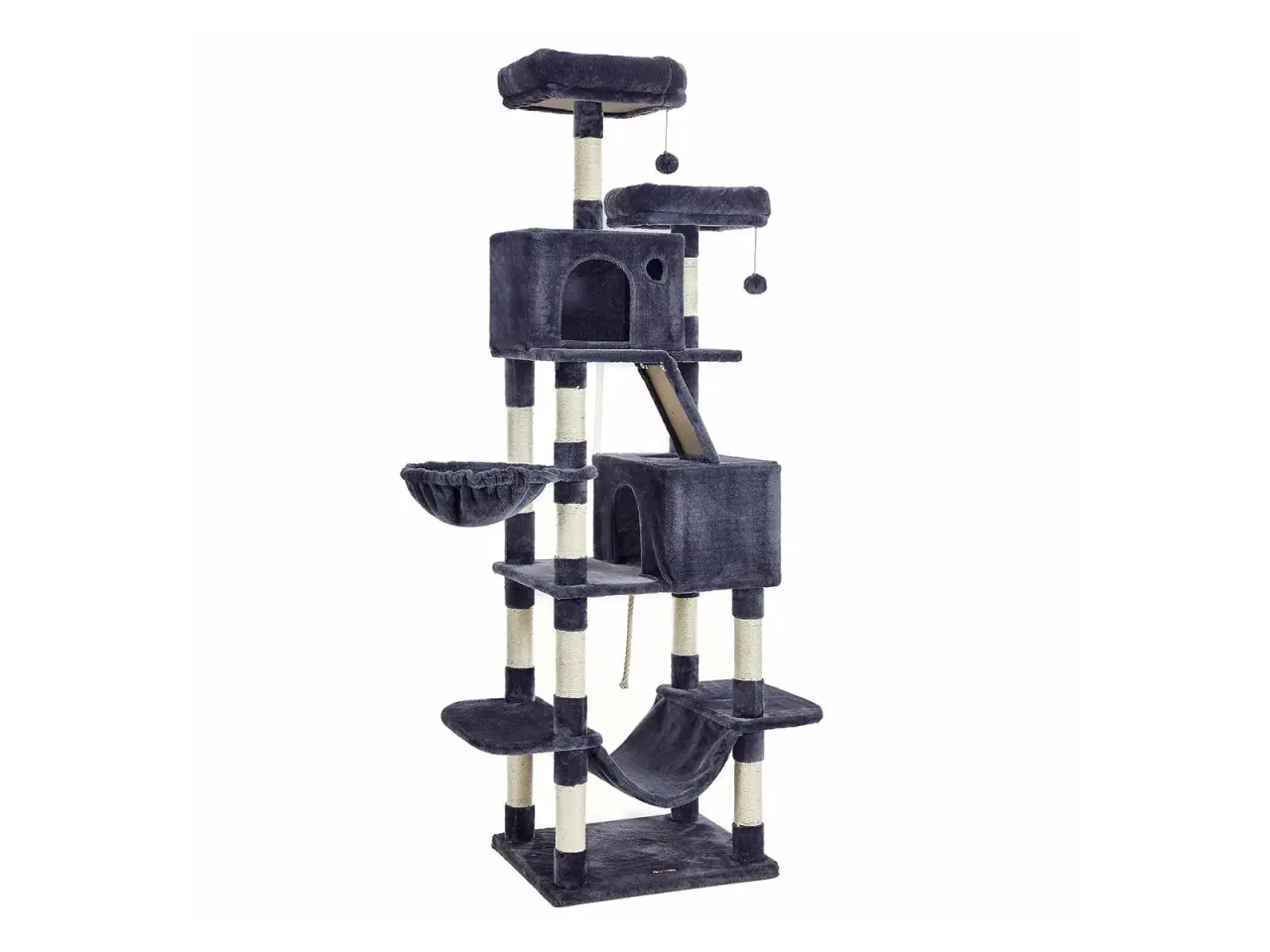 Billede 1 - Klatretræ til kat – FEANDREA 206 cm, stort kattetræ med 13 kradsepæle, rampe, 2 udsigtsplatforme, 2 huler, kurv og hængekøje – røggrå