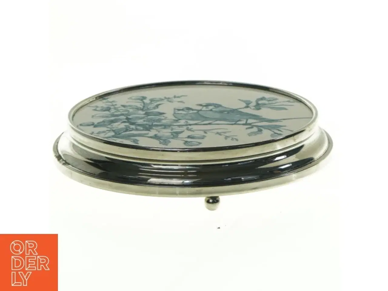 Billede 2 - Porcelænsfad med fuglemotiv i sølvramme på fod (str. Diameter, 17 cm)