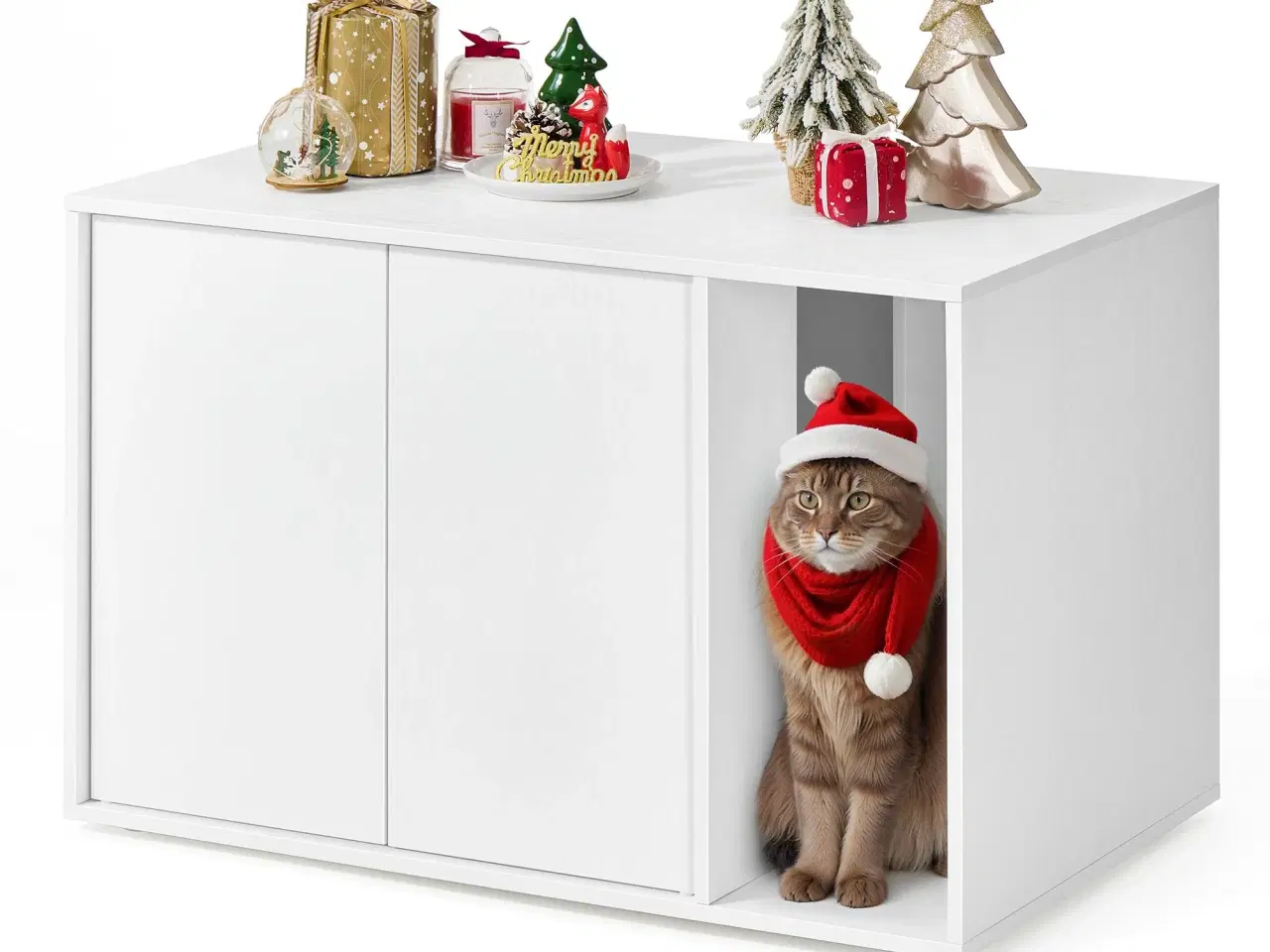 Billede 4 - Kattebakke-skab med sidebord HOME, hurtig samling uden værktøj, til store katte, push-to-open låger, minimalistisk sofabord, Snehvid (PCL013W01)