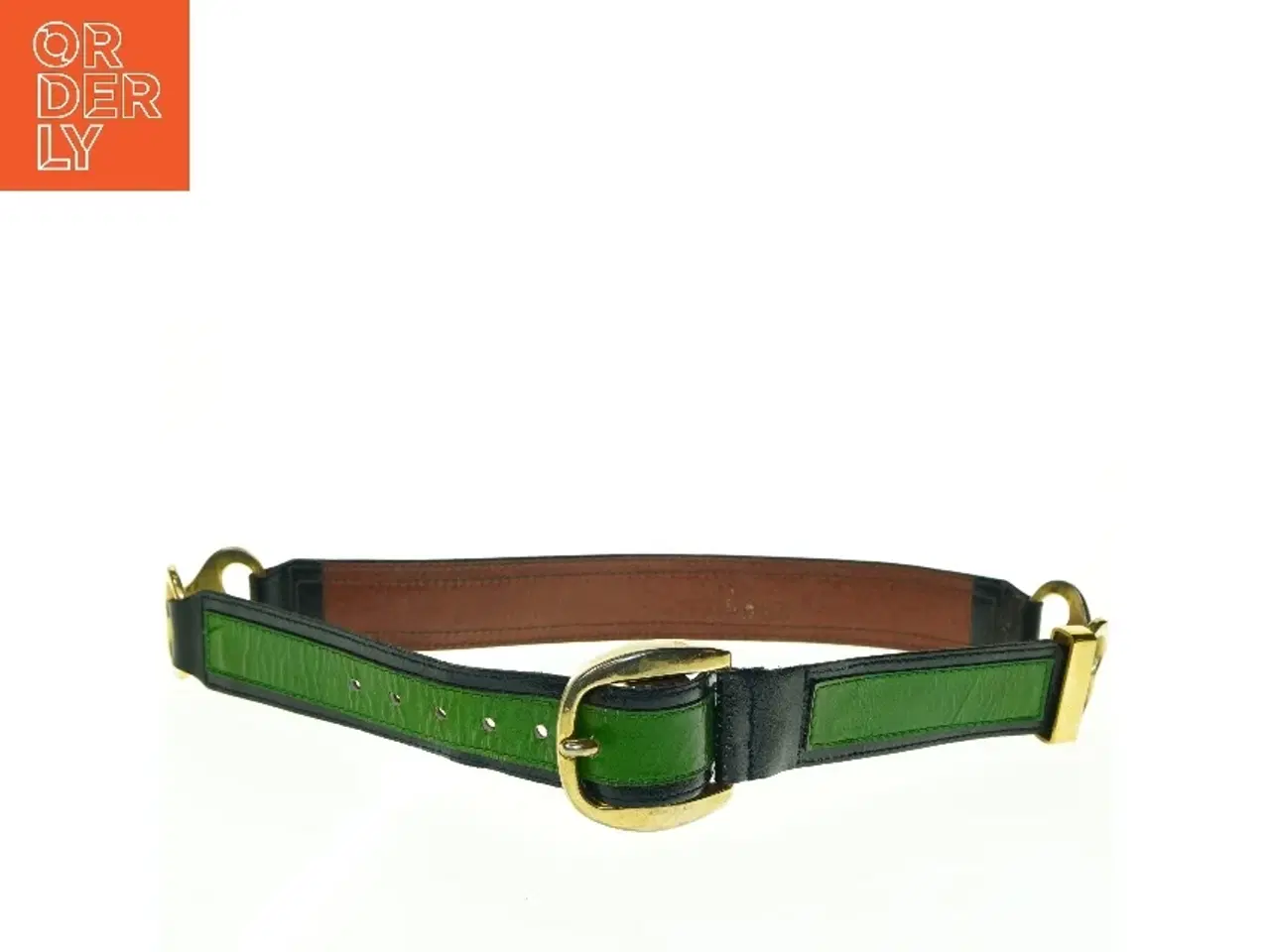Billede 4 - Grønt læderbælte med guldfarvet spænde (str. Længde. 93 cm. b 4 cm)