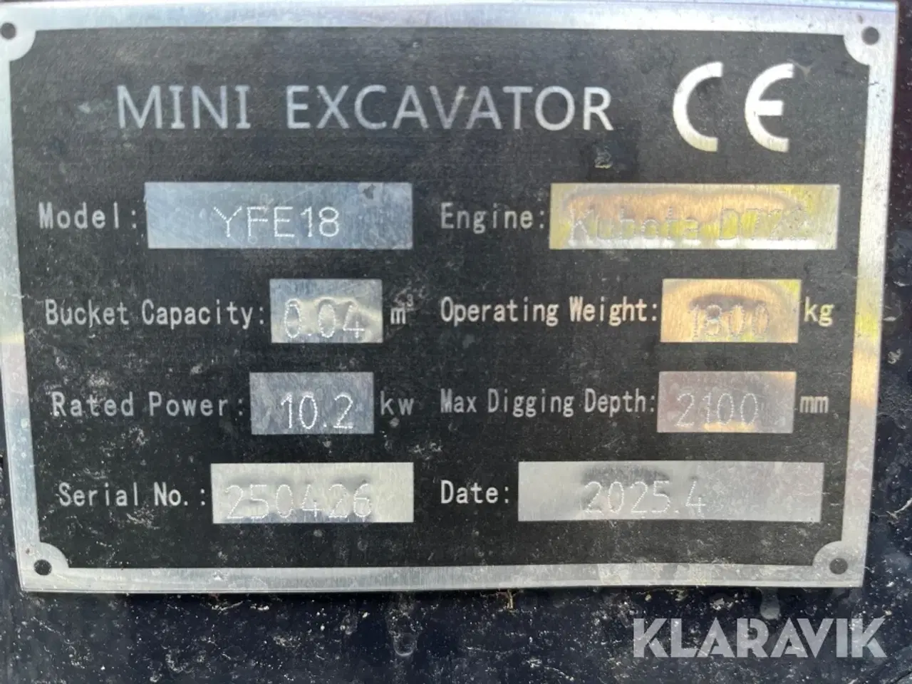 Billede 5 - Gravemaskine MINI EXCAVATOR YFE18 kubota D722