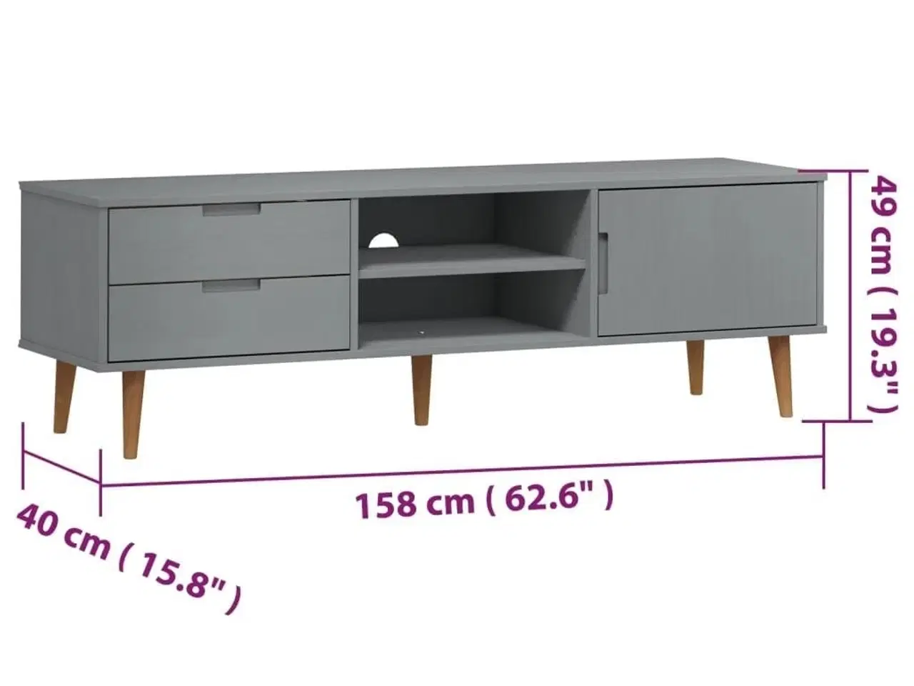 Billede 8 - Tv-skab MOLDE 158x40x49 cm massivt fyrretræ grå