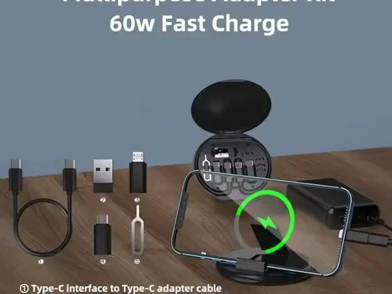 Billede 4 - 2 stk. Mobiltilbehørs-opladningssæt 6-i-1 – 60W – USB-C/Micro/USB