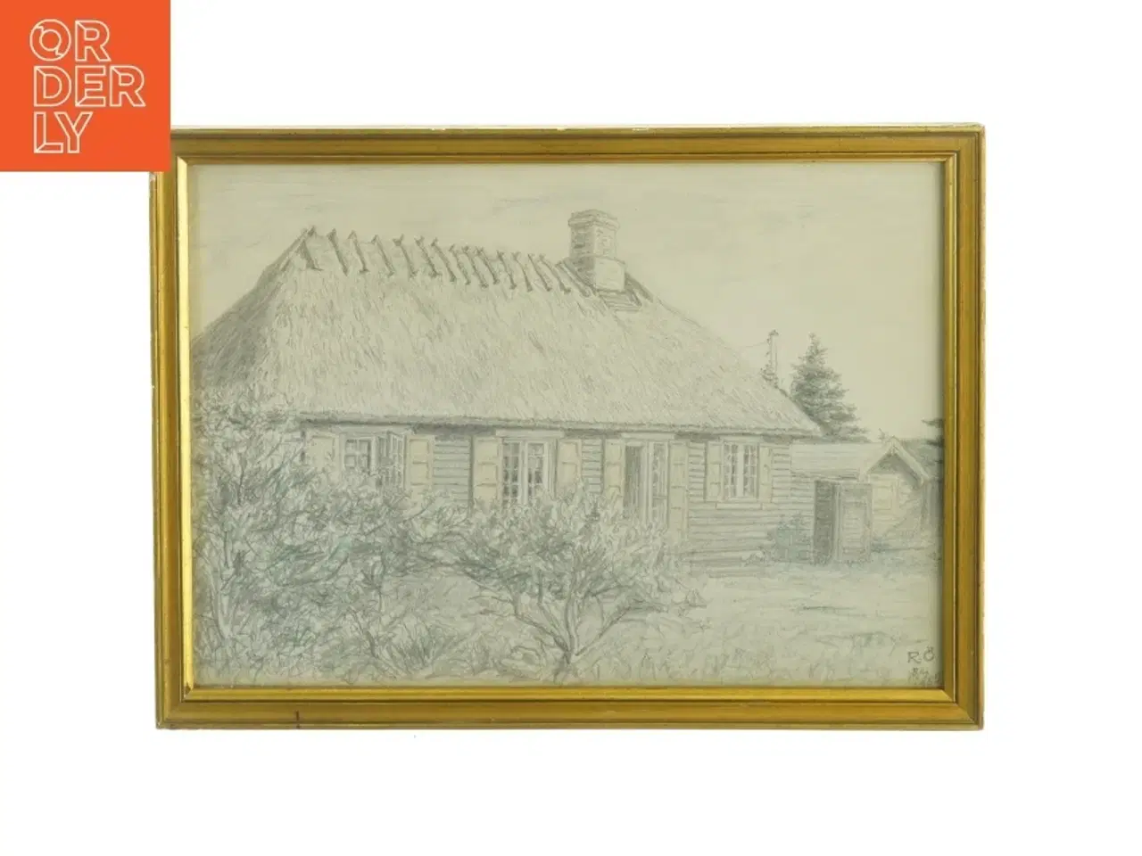 Billede 1 - Indrammet tegning af stråtækt hus (str. 34 x 24 cm)
