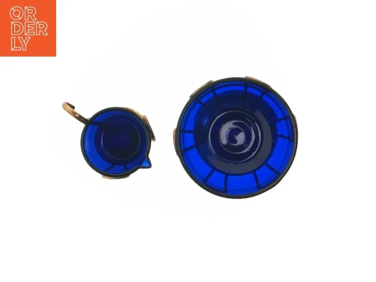 Billede 2 - Sukkerskål og  flødekande Blå glas og kobberkramersæt (str. 8 cm. ø. 10 cm. og. ø. 5 cm)