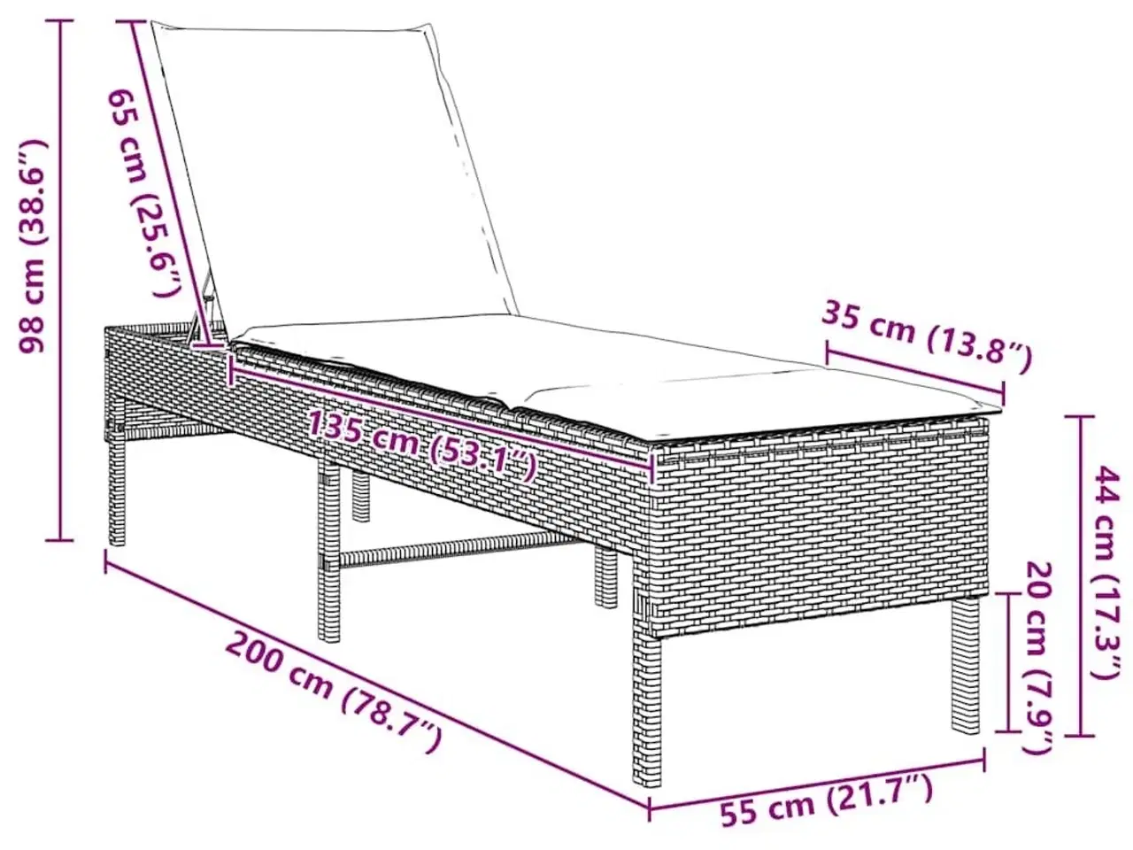 Billede 10 - Liggestol med hynde 55x200x44 cm polyrattan lysegrå