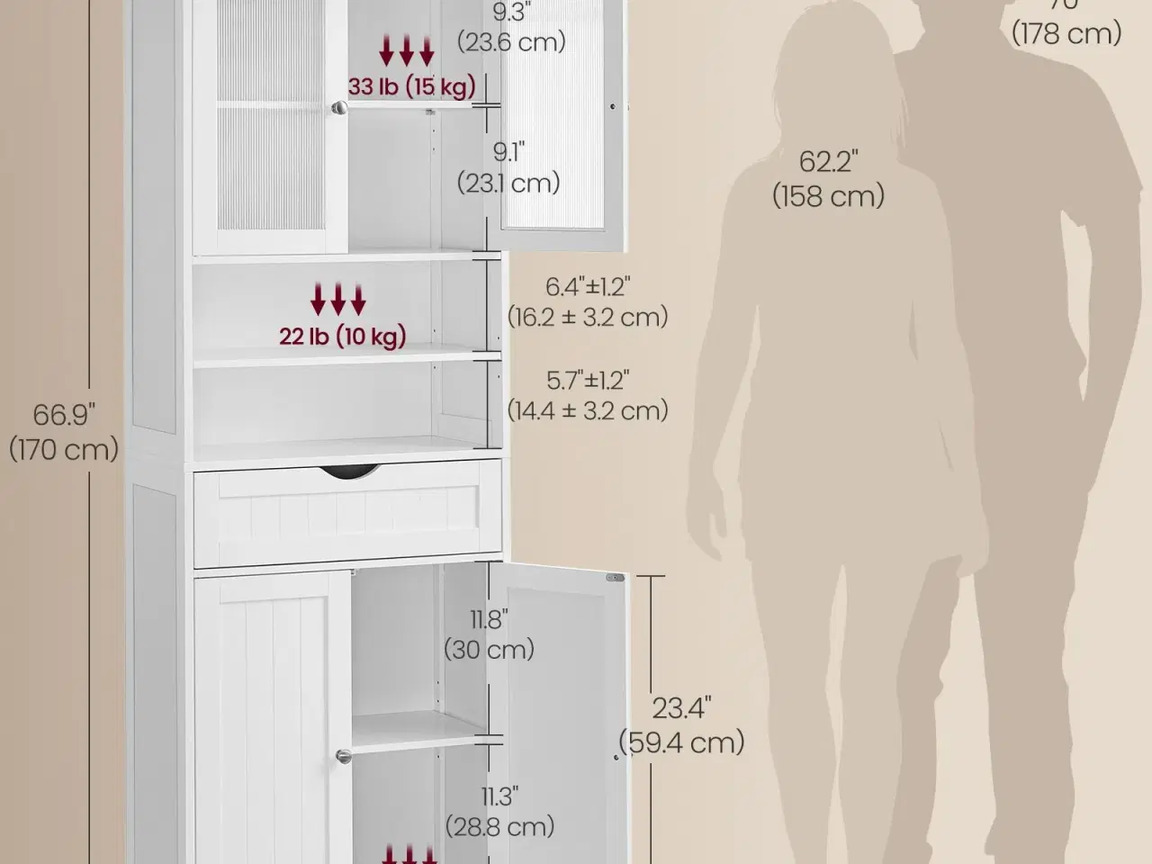 Billede 5 - Højt opbevaringsskab til badeværelse med justerbare hylder, skuffe og åbne rum – cloud hvid