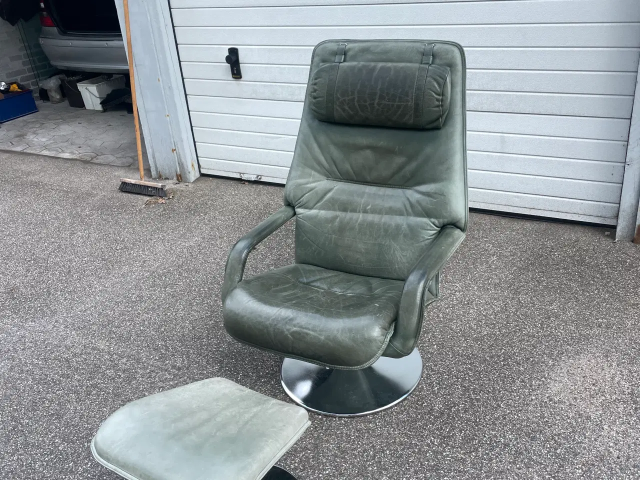 Billede 3 - Vintage loungestol i grøn læder + fodskammel 