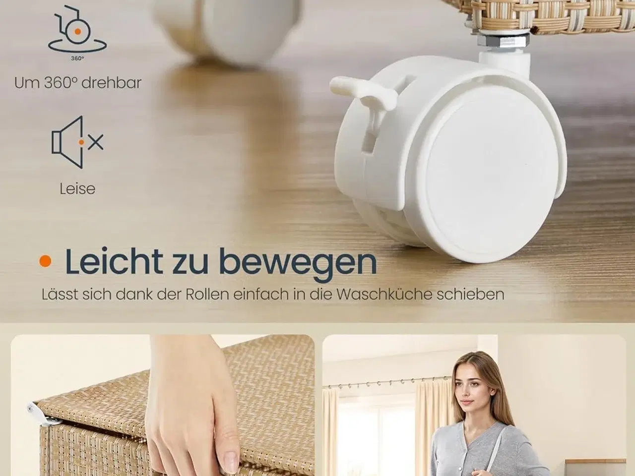 Billede 7 - Vasketøjskurv med hjul HOME, 2 rum, 100 l, med låg, natur beige/mat hvid