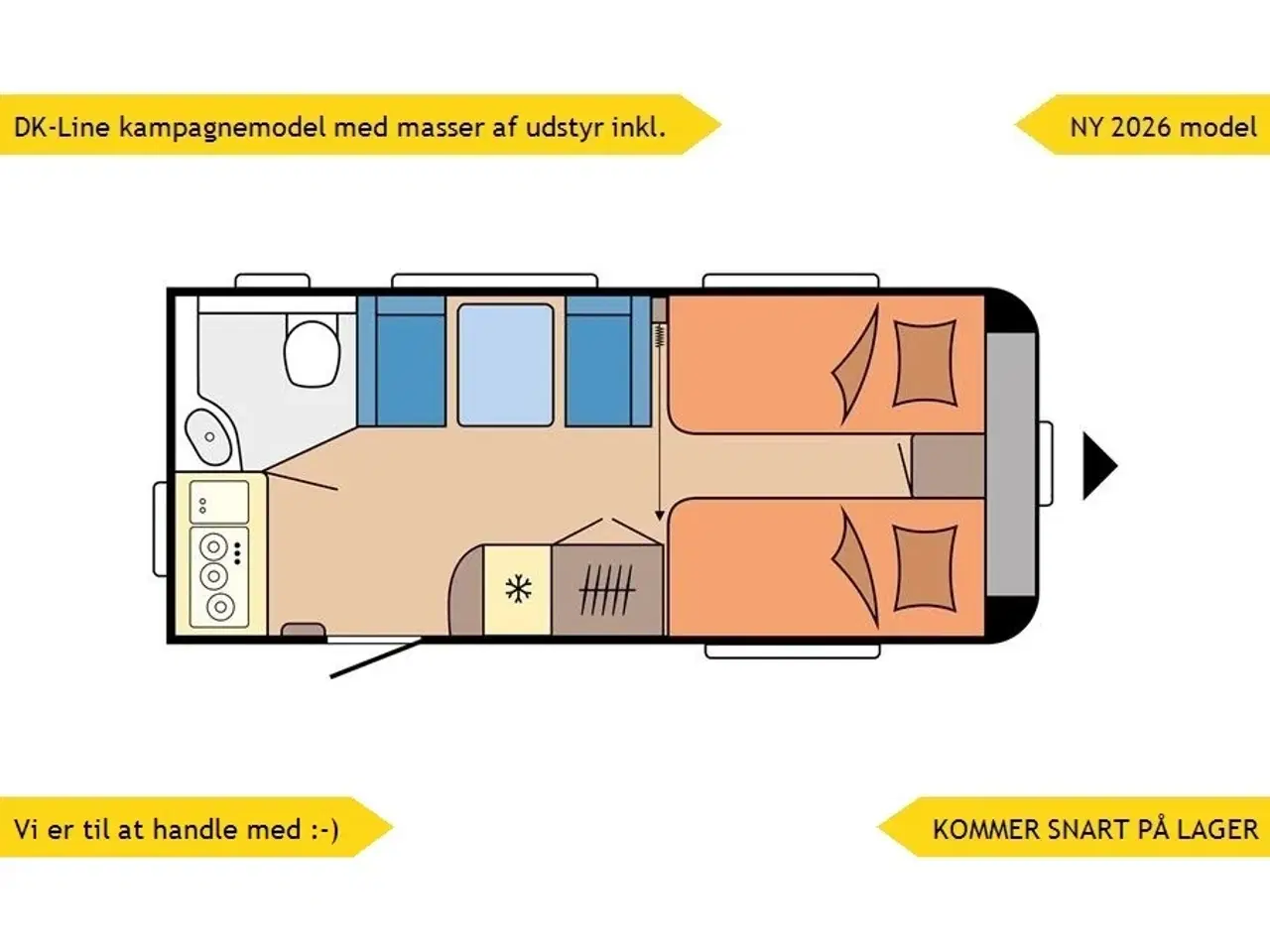 Billede 1 - 2026 - Hobby De Luxe 460 SL   Ny 2026 KOMMER SNART PÅ LAGER. TILBUD DK-Line med masser af udstyr INKL. i prisen. Enkeltsenge samt endekøkken og stort badeværelse. LAV VÆGT.