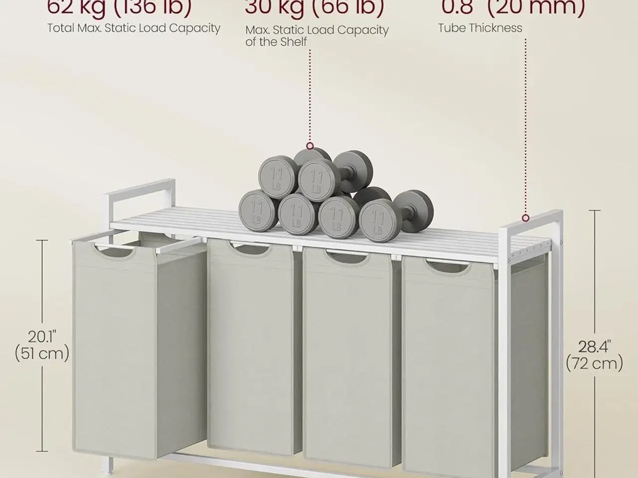 Billede 6 - Vasketøjskurv med 4 rum udtrækkelige poser, hylde, metalstel, 4 × 40 l, 116 × 33 × 72 cm, hvid