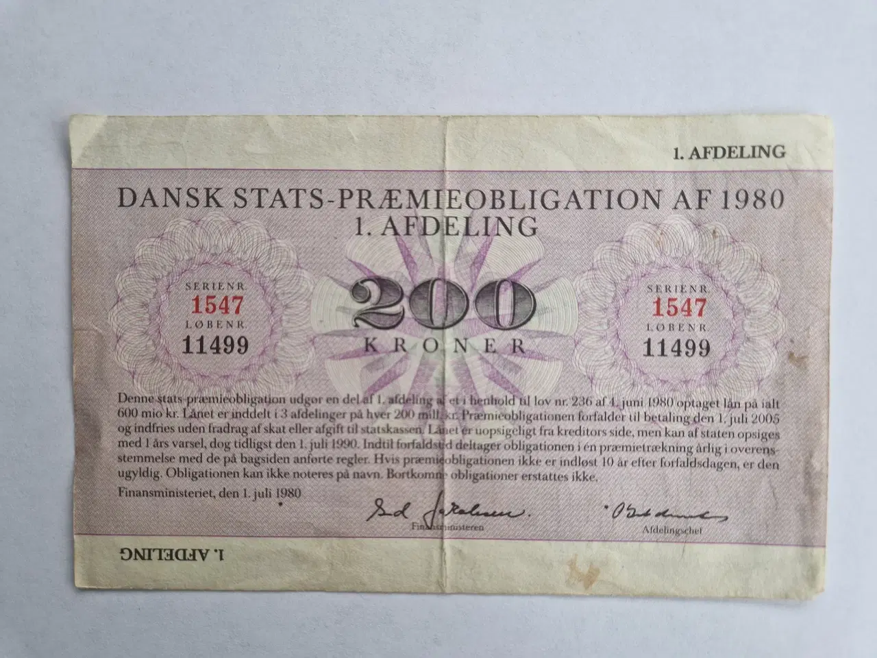 Billede 1 - 200 Kroner Præmieobligation 1980