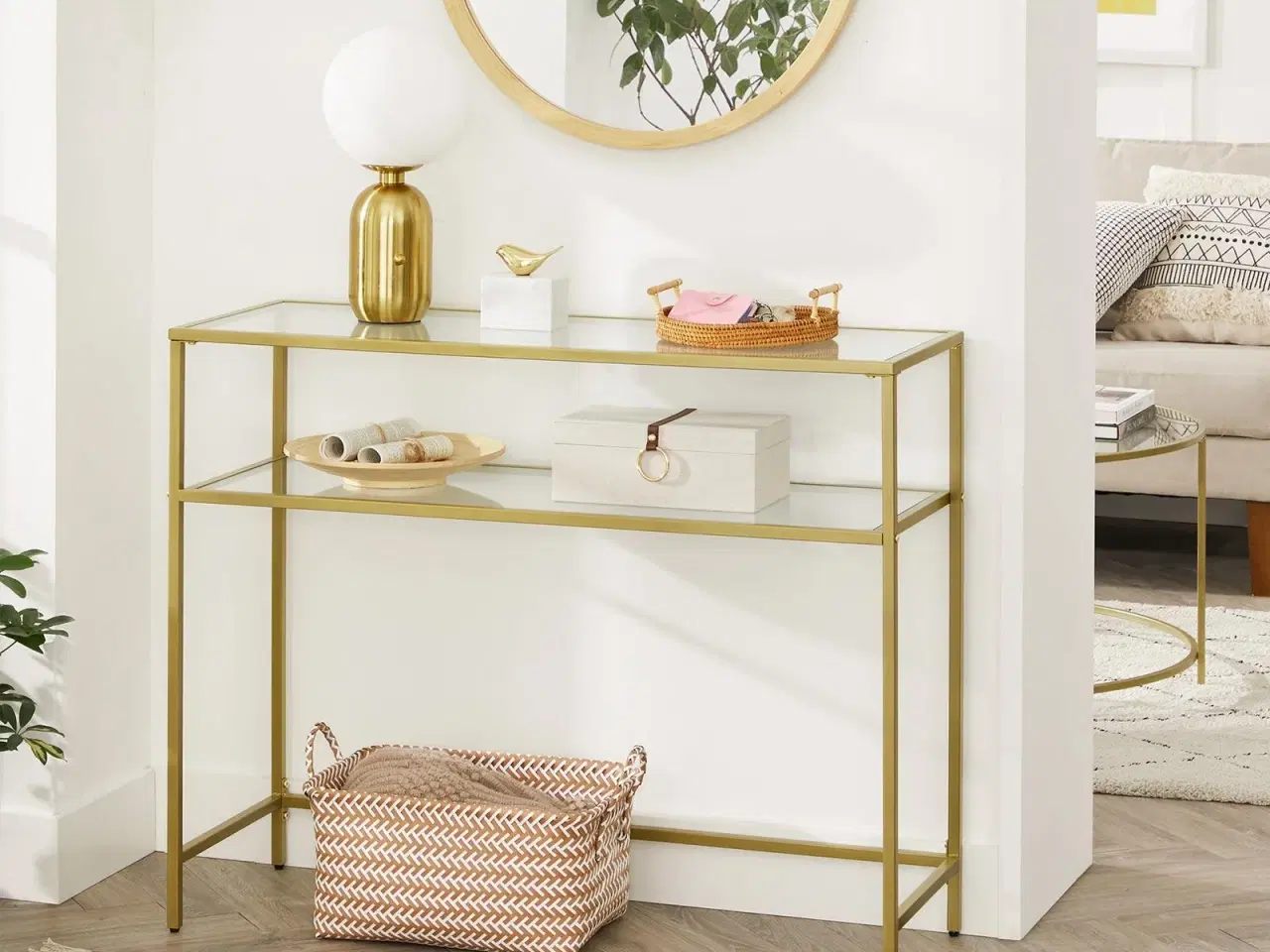 Billede 3 - Konsolbord glas hærdet glas, metalstel, 2 hylder, justerbare fødder, guldfarvet, 100 × 35 × 80 cm