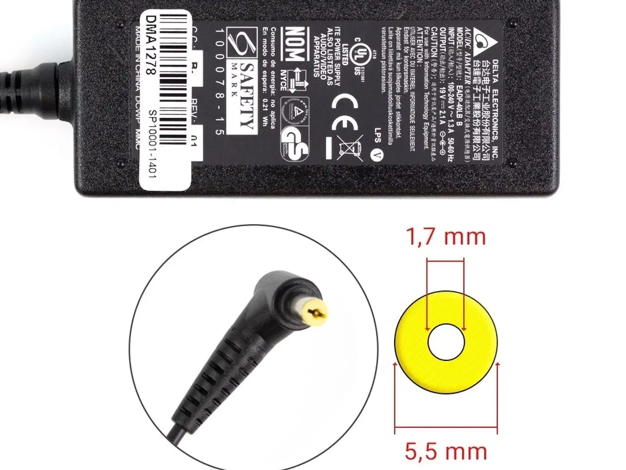 Billede 1 - Acer 40W 19V 2.15A strømforsyning med 5.5mm x 1.7mm stik - Original