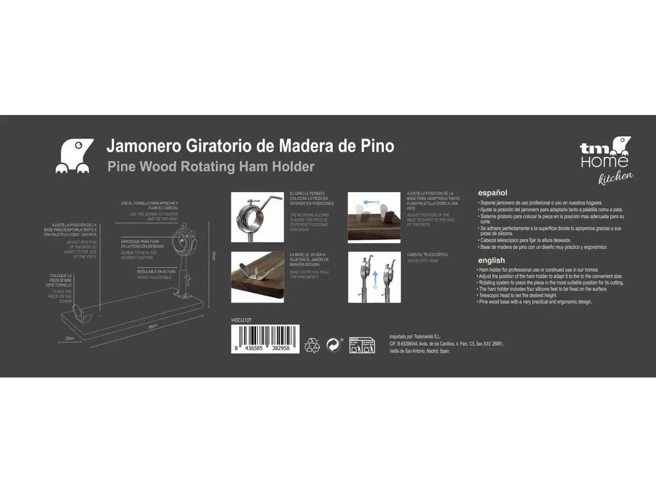 Billede 2 - Skinkeholder i træ TM Home - justerbar og roterende 20 × 54 × 40 cm