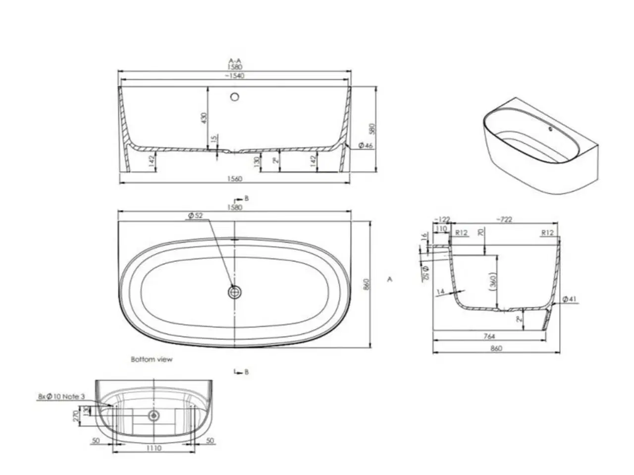 Billede 2 - Strømberg Arden Back-To-Wall badekar 1600 x 860 mm - Mat sort