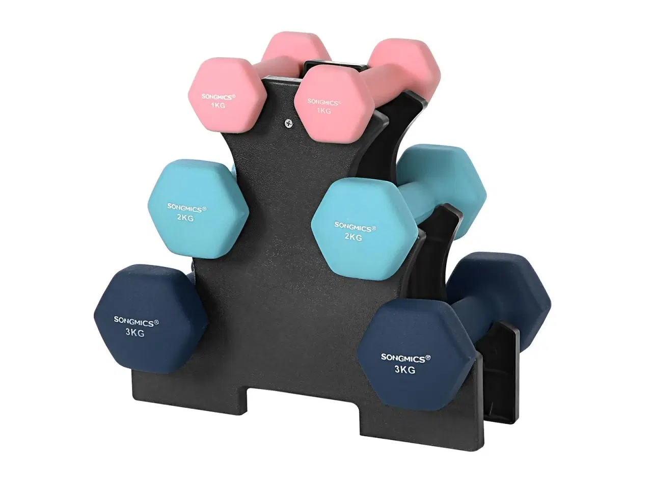 Billede 1 - Håndvægtsæt med stativ – SONGMICS hex håndvægte 2×1 kg, 2×2 kg, 2×3 kg, neopren, pink/aqua/blå