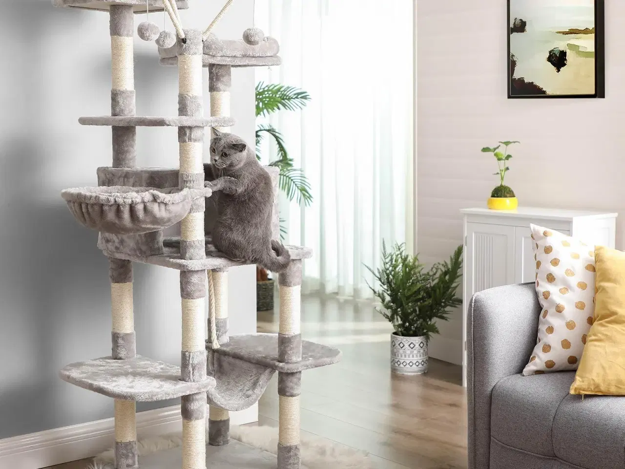 Billede 3 - Klatretræ til kat – FEANDREA, XXL kattetræ med hule, 164 cm, lysegrå