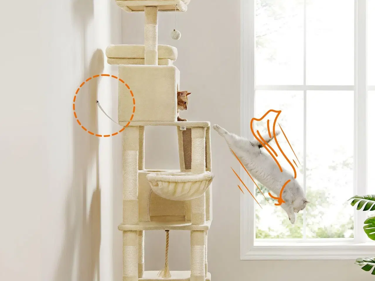 Billede 7 - Klatretræ til kat Feandrea, XXL kradsetræ 206 cm, 13 kradsepæle, 2 platforme, 2 huler, hængekøje og kurv, beige