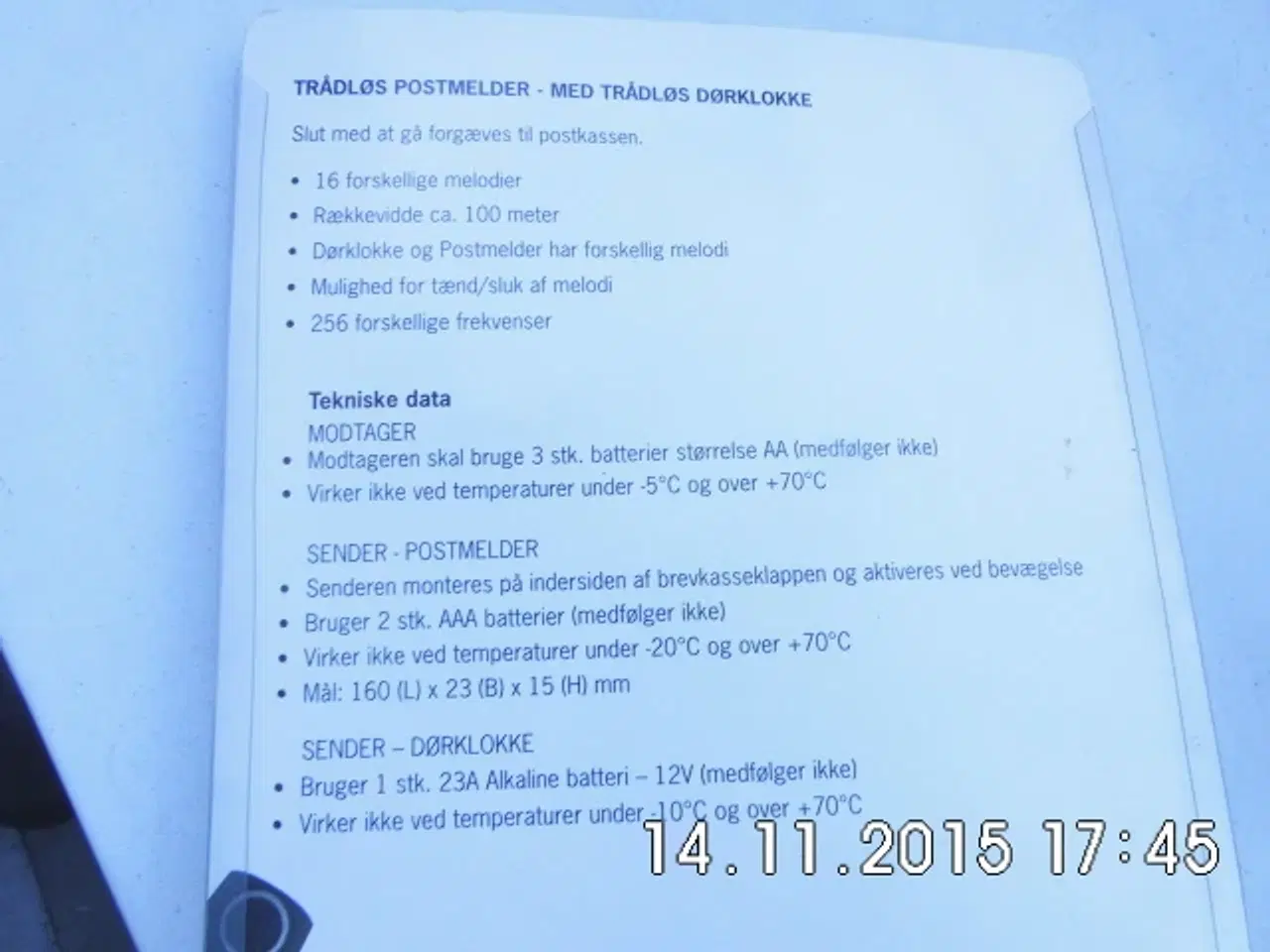 Billede 2 - Safety One trådløs postmelder med dørklokke