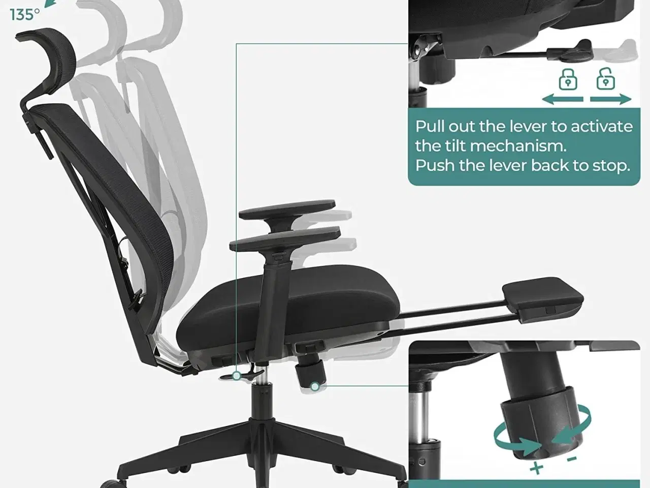 Billede 4 - Kontorstol ergonomisk med fodstøtte – sort