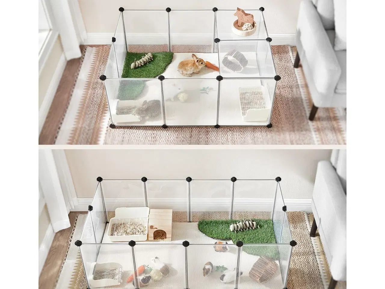 Billede 2 - Kæledyrs løbegård med bund indendørs modulær plastikbur til smådyr, hvid, 125 × 63 × 42 cm (LPC001W01)