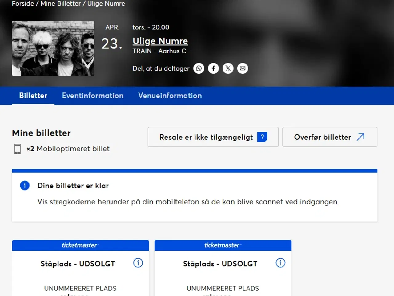 Billede 1 - 2 biletter til Ulige numre d. 23.4 på Train i Aarh