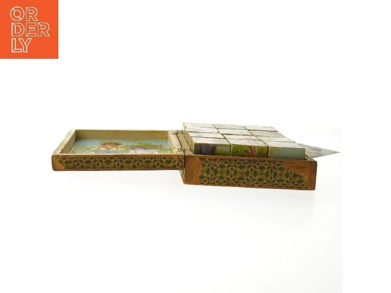 Billede 3 - Antikt træpuslespil med illustrerede klodser (str. 5x19x15 cm)