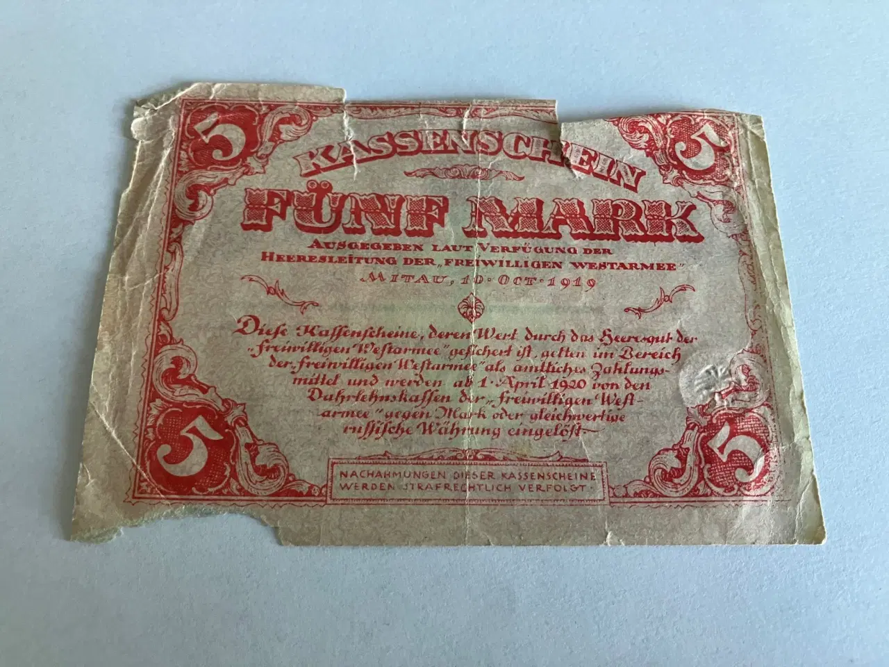 Billede 2 - 5 Mark Kassenschein 1919