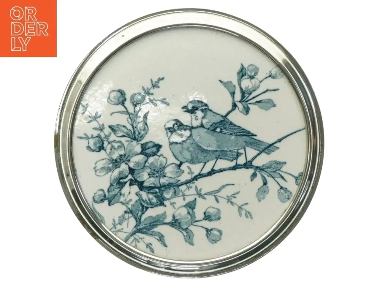 Billede 1 - Porcelænsfad med fuglemotiv i sølvramme på fod (str. Diameter, 17 cm)