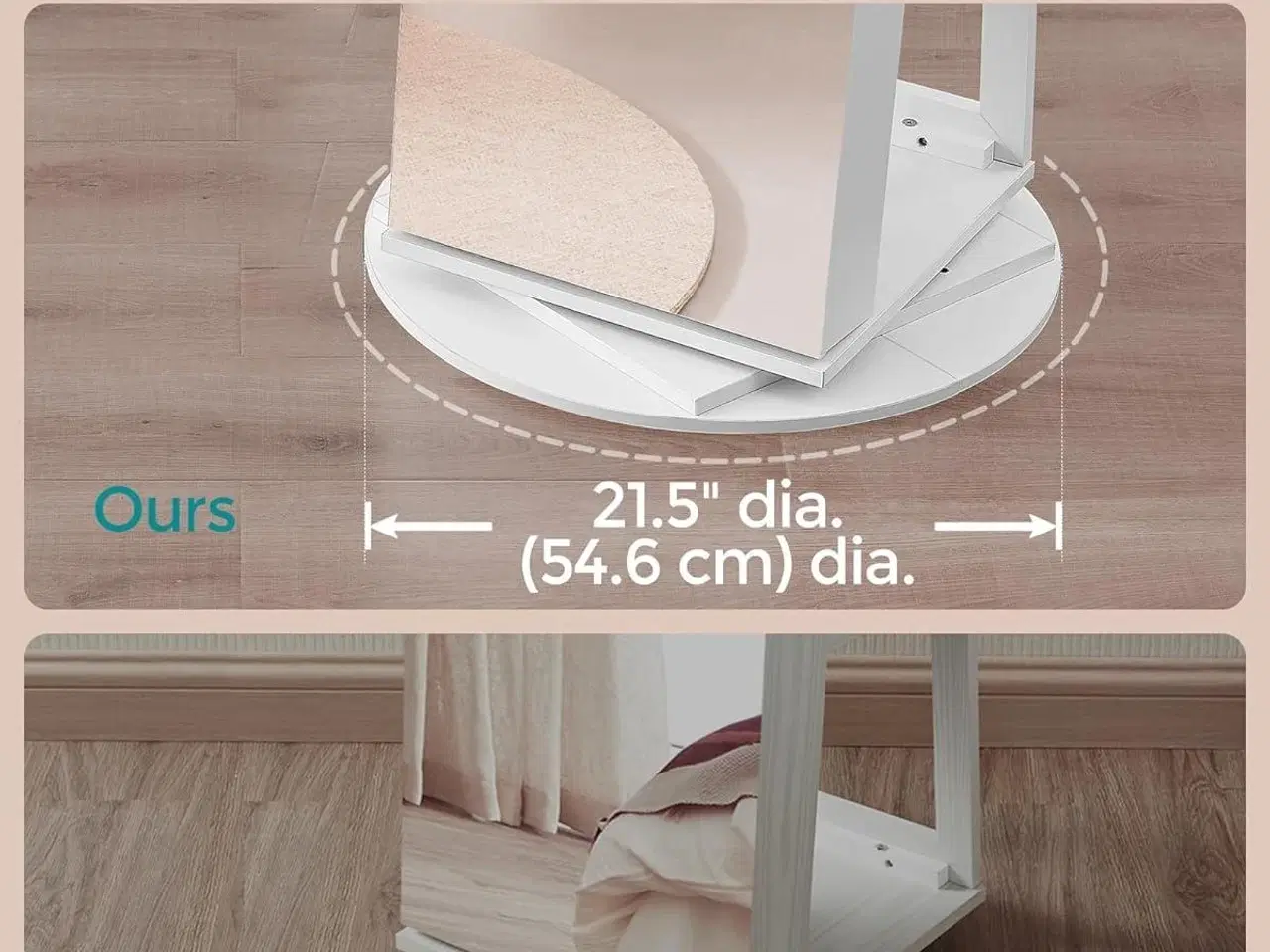 Billede 6 - Spejl-smykkeskab med 6 LED, låsbart – fritstående 360° drejefunktion, rammeløst helkropsspejl, 3 opbevaringshylder – hvid/greige