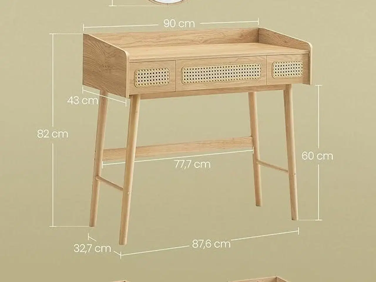 Billede 5 - Toiletbord med spejl og lys HOME BOHOVEN, 3 skuffer, justerbar belysning, boheme, eg beige