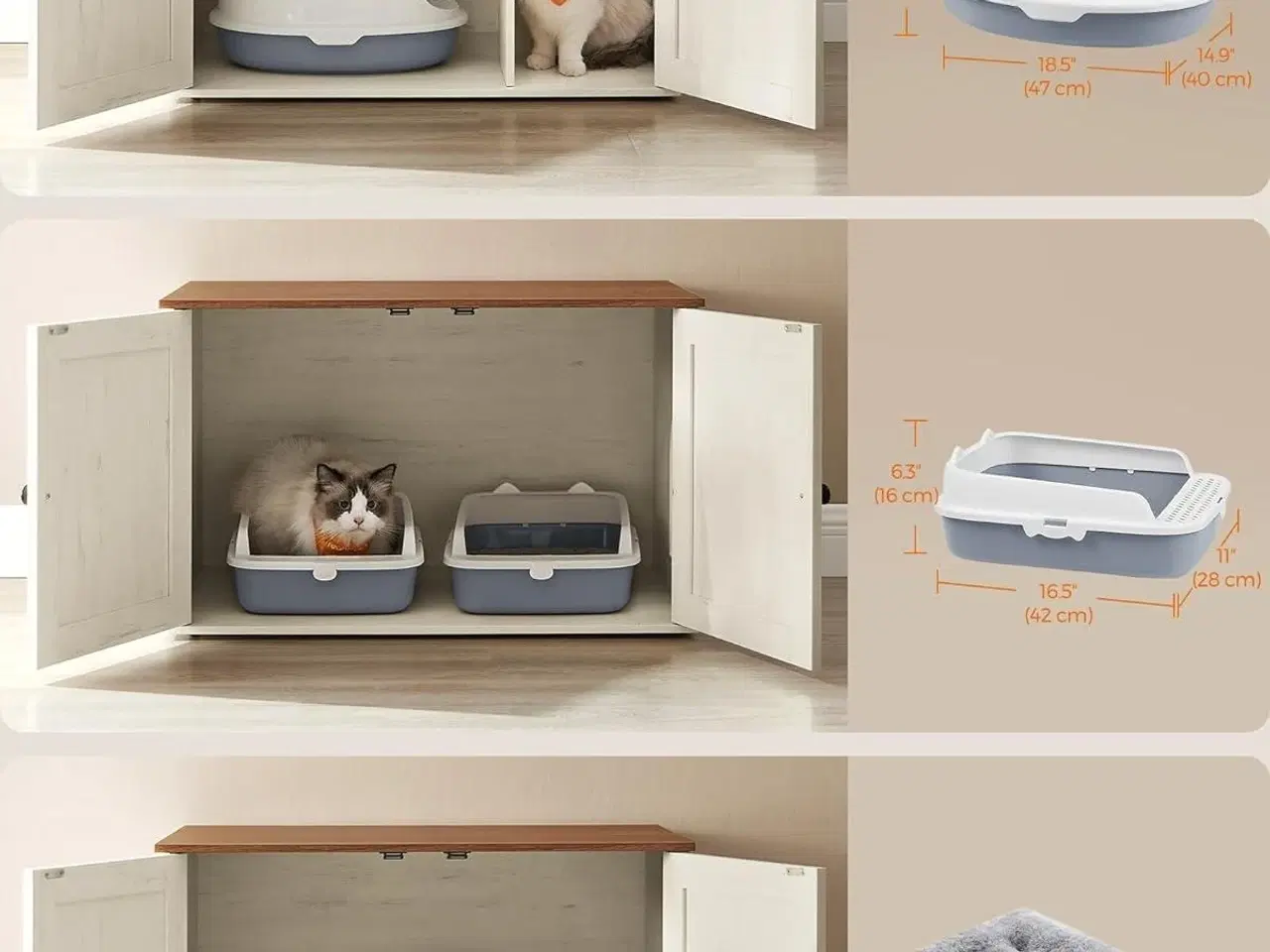 Billede 7 - Kattebakke skab – FEANDREA skjult kattebakke-møbel med aftagelig skillevæg, indendørs kattehus/sidebord, 80 × 53 × 50 cm, honningbrun & rustik hvid