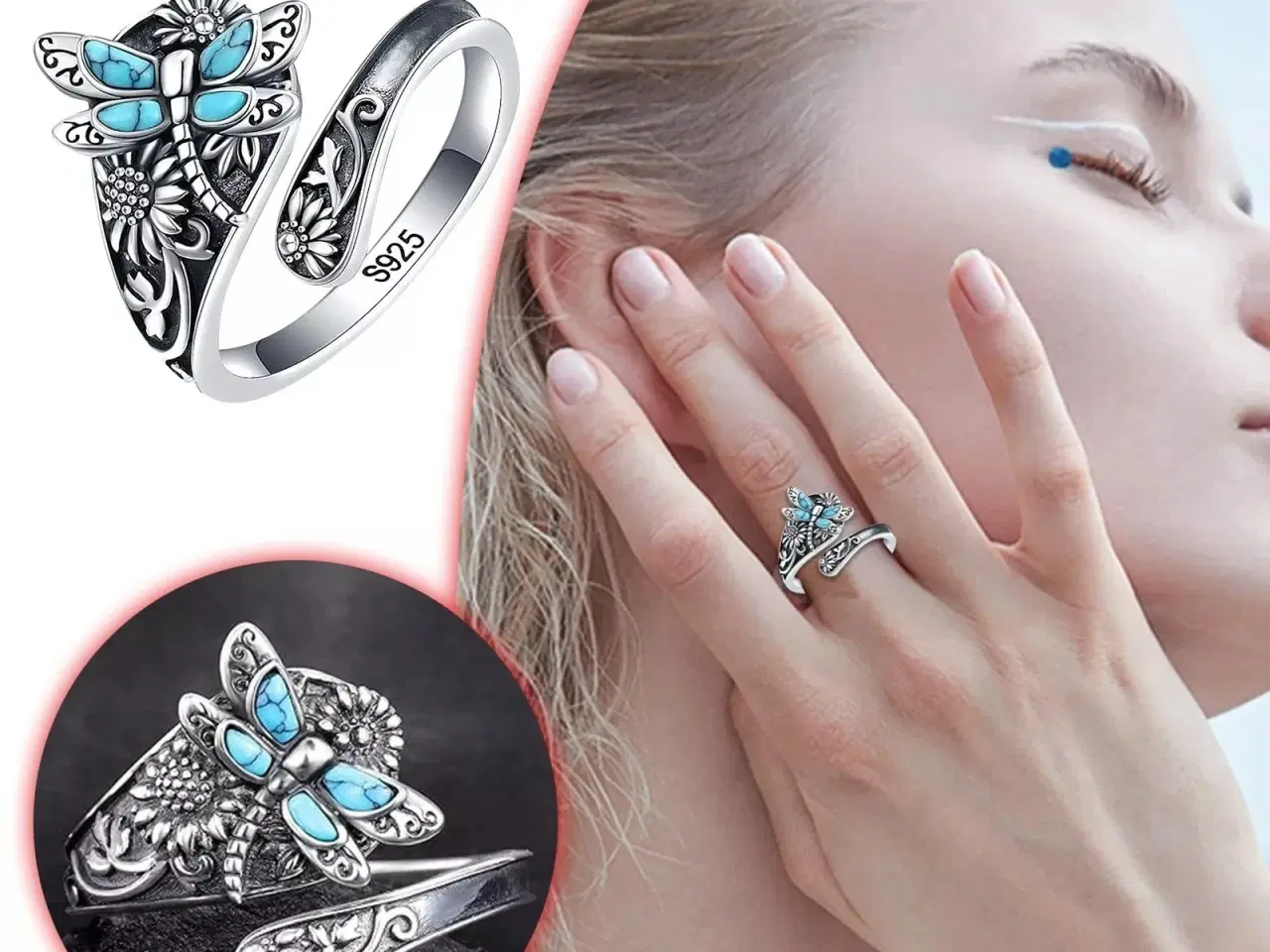 Billede 1 - * Smuk fingerring med sommerfugl og blomster - i T