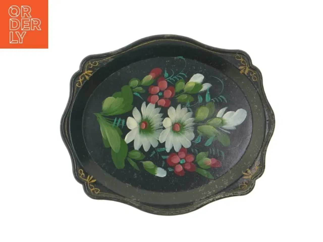 Billede 1 - Dekorativ Vintage Metal Bakke med blomstermotiv (str. 19,5x16,5 cm)