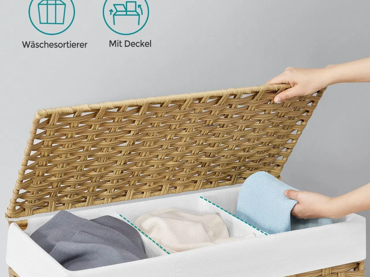 Billede 3 - Vasketøjskurv med låg – SONGMICS, 140 l, rattan-look, 3 rum, aftagelig inderpose, hjul og håndtag, natur, 66 × 33 × 60 cm