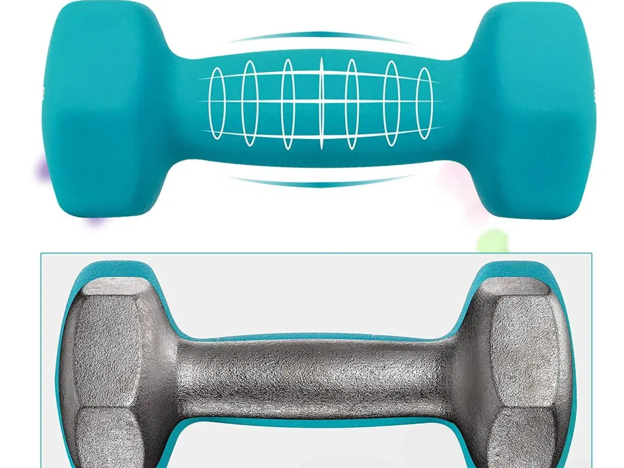 Billede 5 - Håndvægtsæt med stativ – 2 x 1 kg, 2 x 2 kg, 2 x 3 kg, neopren – lime, teal og mørkegrå