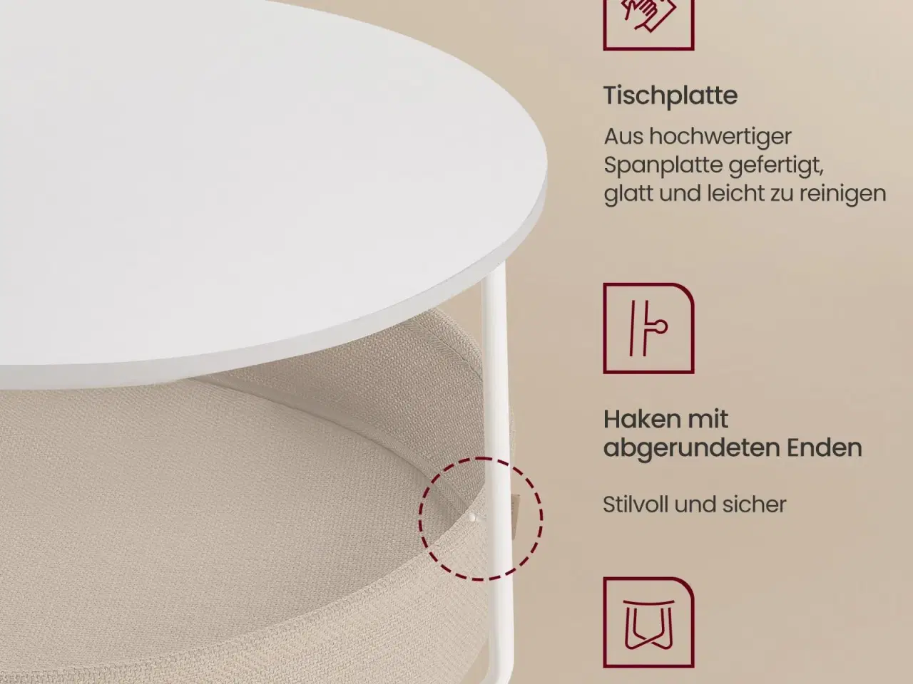 Billede 5 - Sofabord rund med opbevaring – VASAGLE, stofkurv, metalstel, mat hvid/kamelbrun