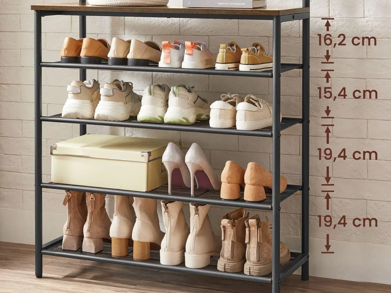 Billede 5 - Tøjstativ med skohylde hall tree, 5 niveauer, 5 dobbelte kroge, tophylde, industrielt look, rustik brun/sort (HSR408B01)