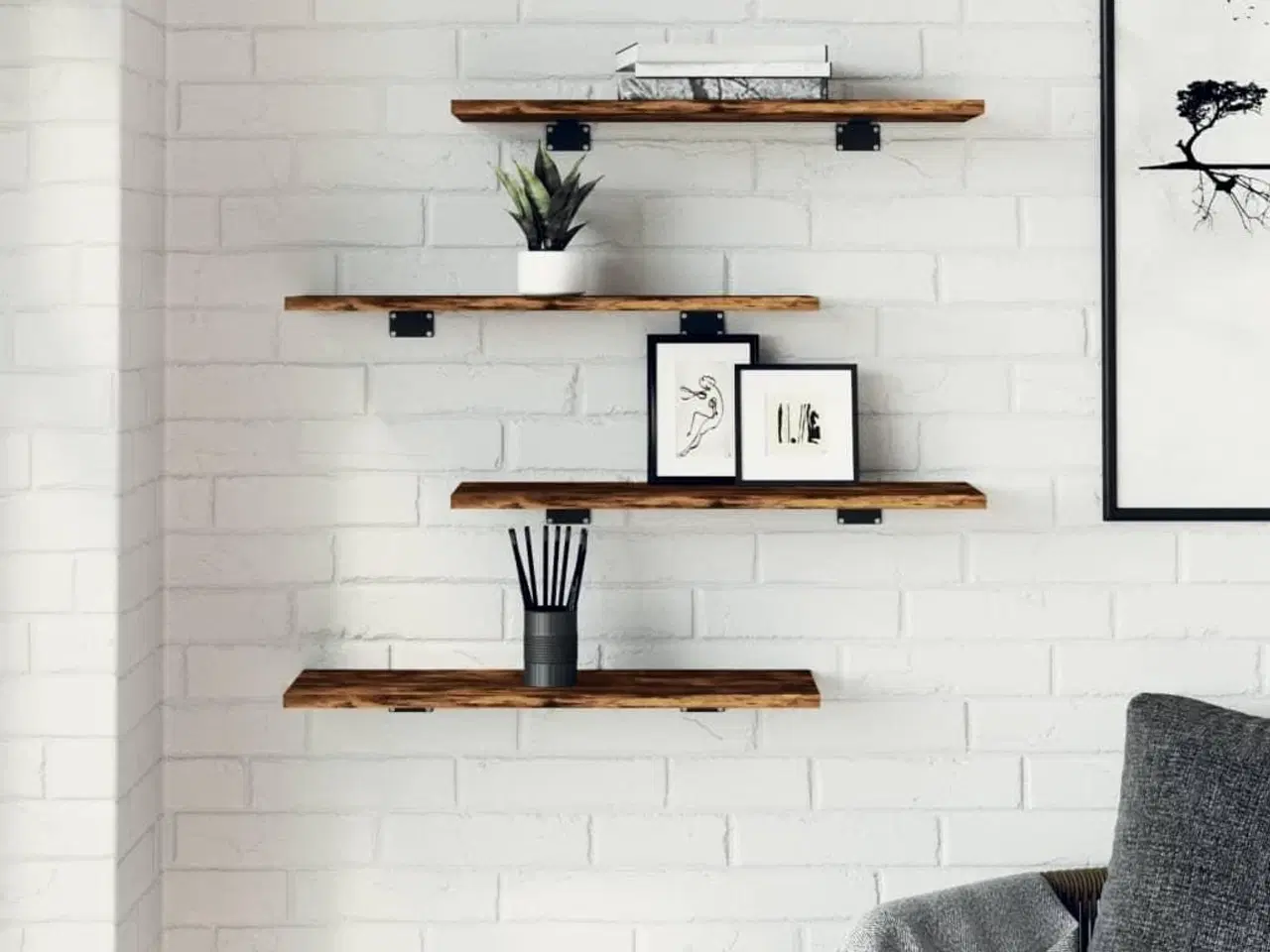 Billede 3 - Væghylder 4 stk. 60x20x1,5 cm konstrueret træ røget egetræ