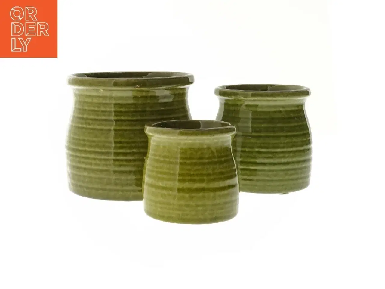 Billede 1 - Sæt af grønne keramiske potter (str. Ø 12,5x11 cm og Ø 9,5x10 cm og Ø7,5x7,5 cm)