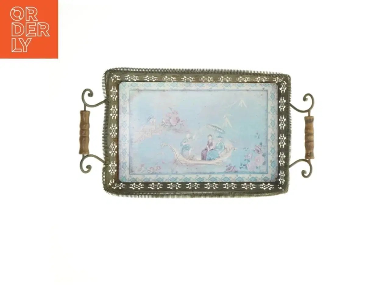 Billede 1 - Dekorativ metal bakke med asiatisk motiv (str. 36x26 cm)