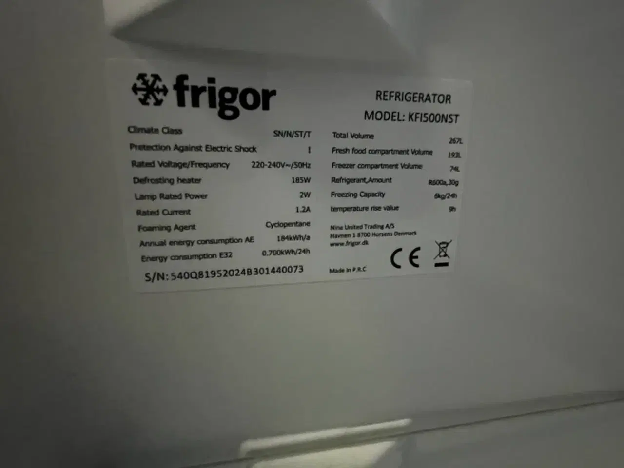 Billede 4 - Køl/frys indbygning, brugt FRIGOR