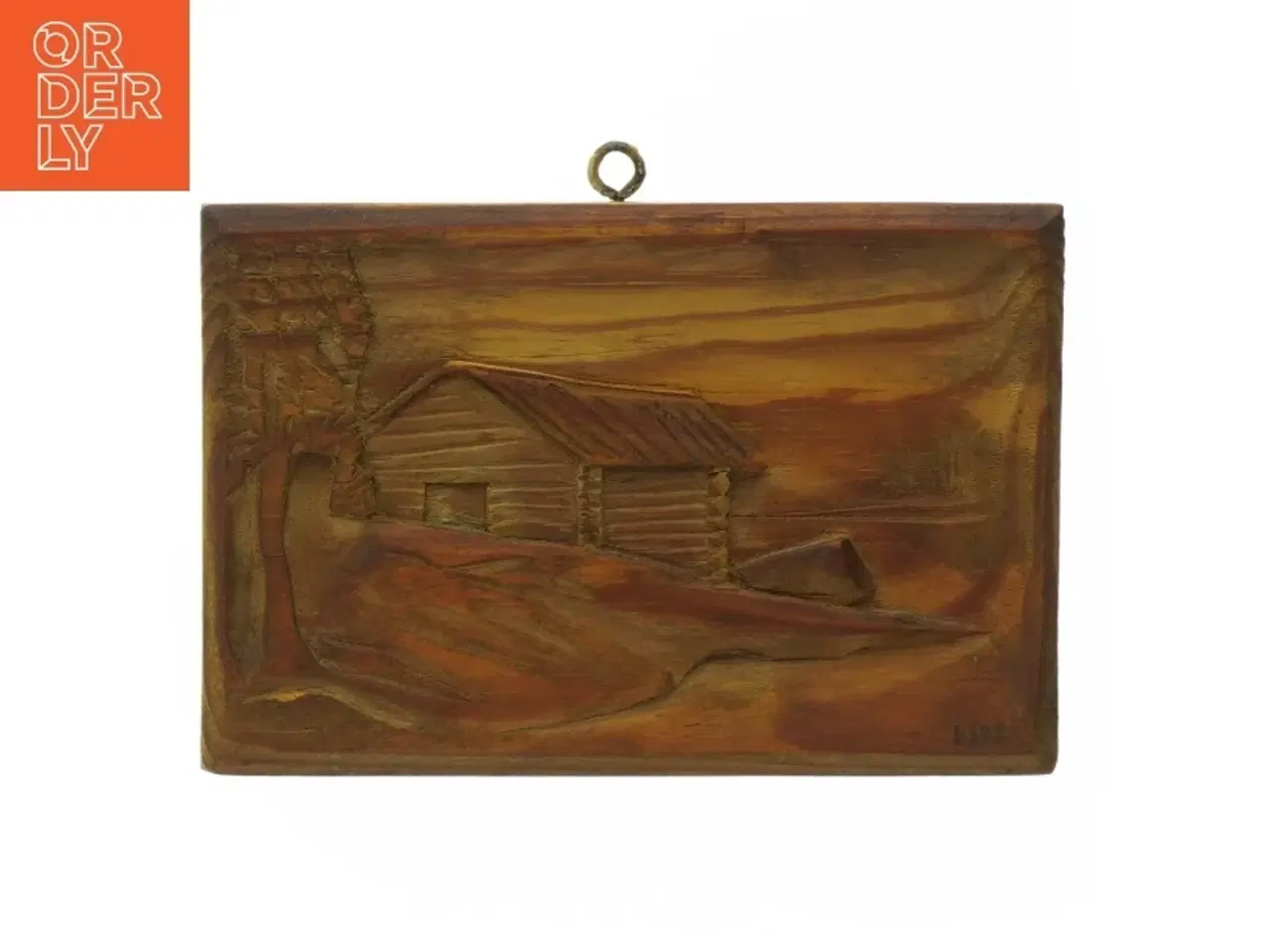 Billede 1 - Snit i træ af Landskabsmotiv med hytte (str. 15 x 10 cm)