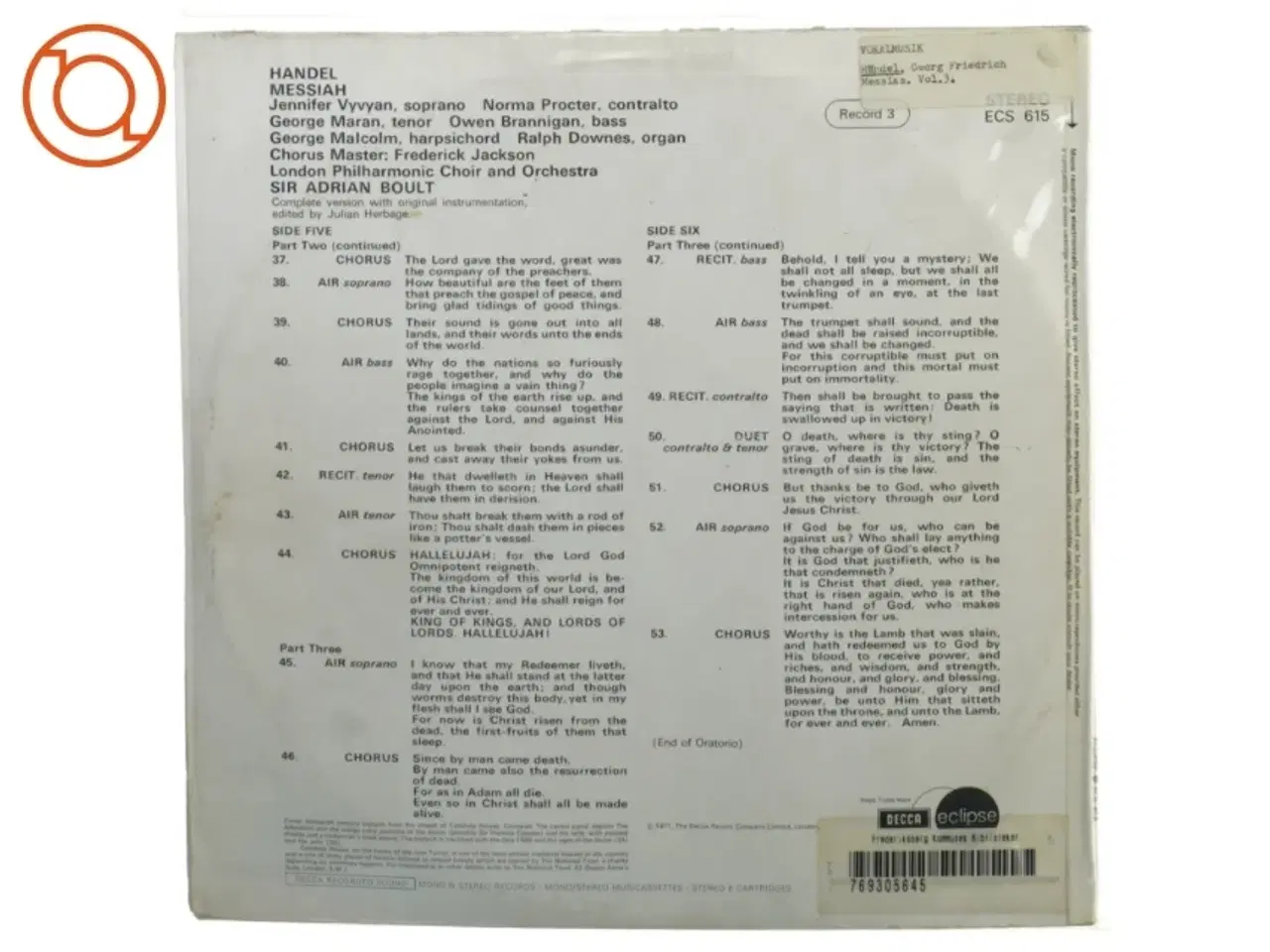 Billede 4 - H&#228;ndel Messiah Vinylplade fra DECCA