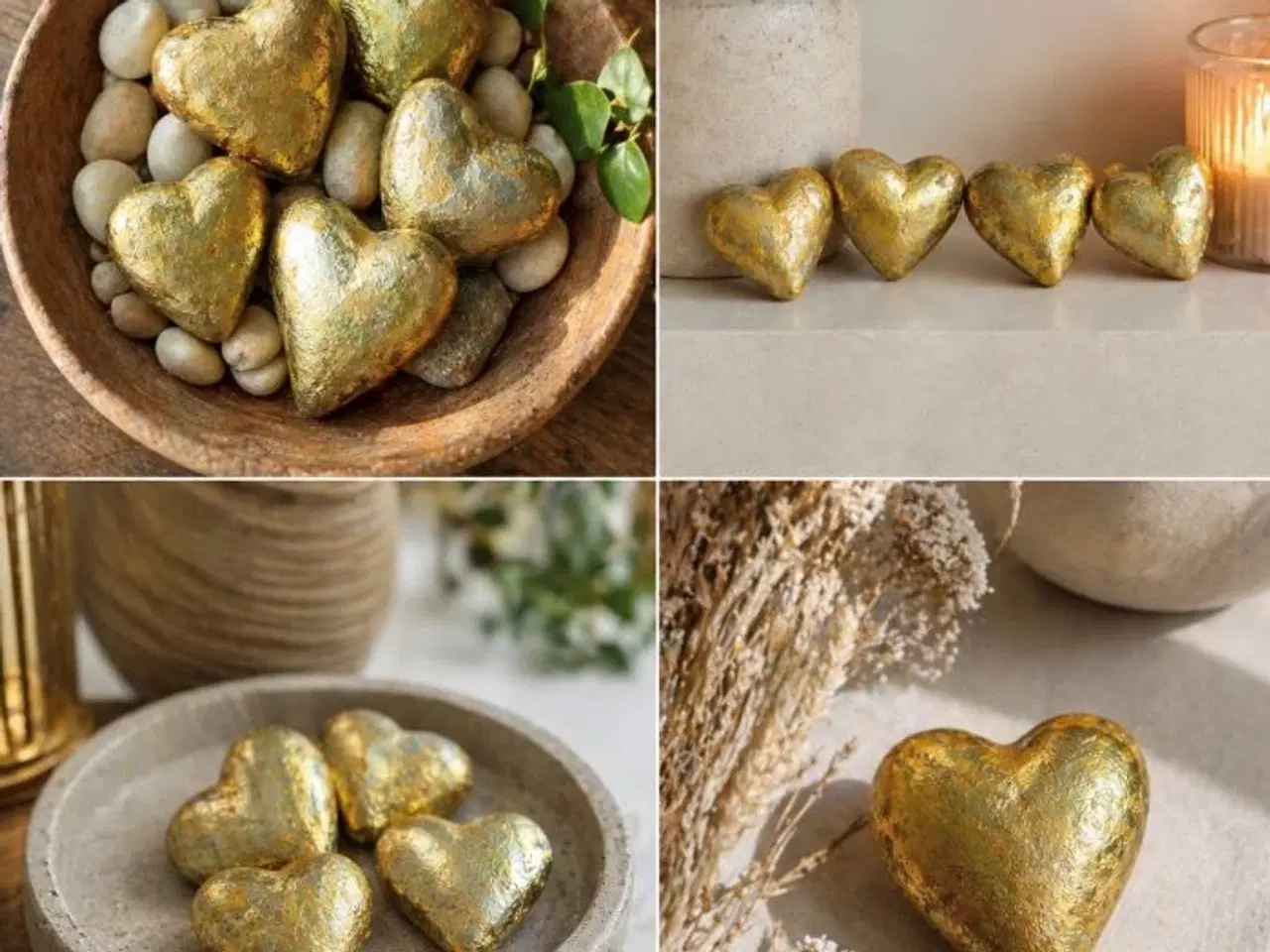 Billede 2 - Rustikke pynte-hjerter i gyldne farver. 12 stk.