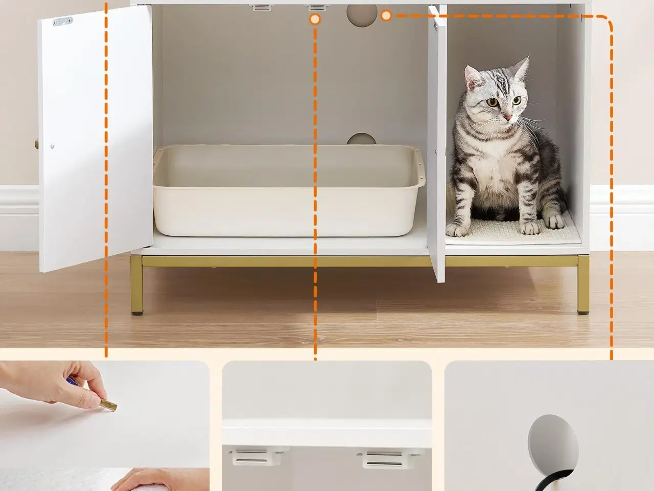 Billede 2 - Kattebakke skab – FEANDREA skjult kattemøbel med kradsemåtte, høje ben, sidebord, 80 × 50 × 55 cm, hvid/guld